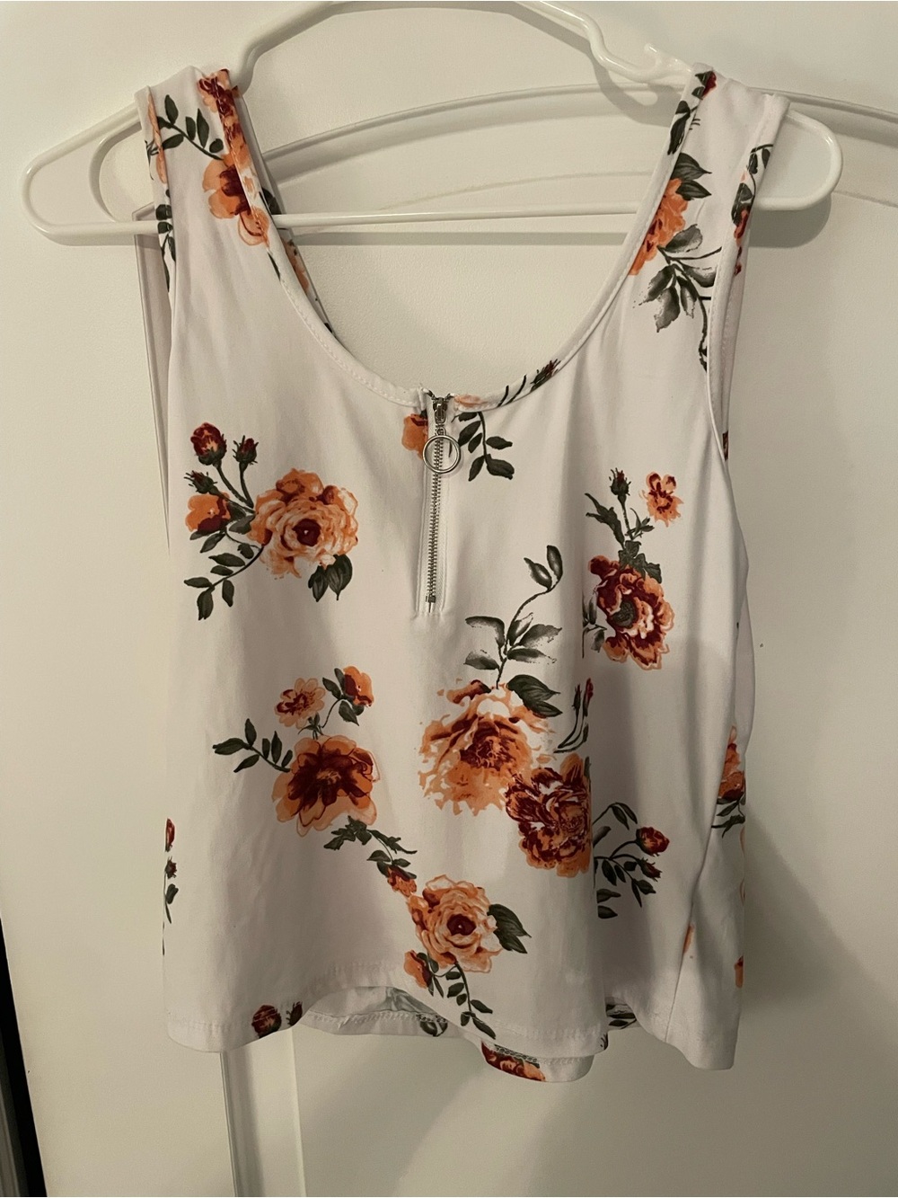 Sleeveless Floral Zip-Front Tank Top - White with Orange Floral